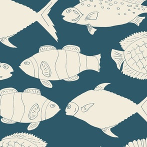 (XL) beige fishes in horizontal lines on dark cerulean blue