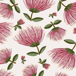 530 - large scale Pohutukawa hand drawn floral with foliage and buds - red and green non traditional xmas, for kids apparel, curtains, cushions, teatowels and tablecloths.