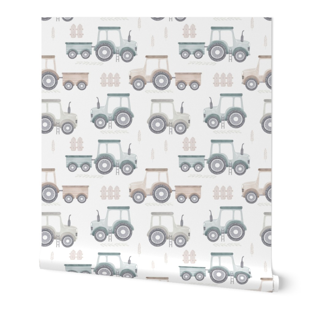 Tractor fabric- neutral fabric, farm fabric, kids fabric-Medium scale