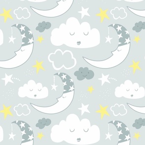 Large - Baby Nursery Moon Clouds (pale Grey)