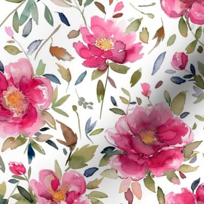 Peony floral watercolor Flower Garden Cottage Pink Magenta Small