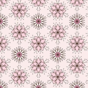 Geometric floral pattern on pale pink, with dusty rose and mauve details.