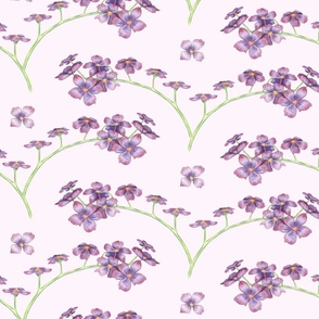 Hand drawn purple florals on lush green branches