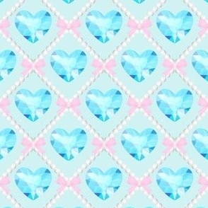 04 blue aquamarine heart crystal gems gemstones jewels pink bows blue background white pearls trellis interlinked criss cross interconnected connected kawaii cute adorable elegant gothic EGL diamond quilting inspired pastel