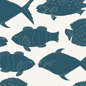 (XL) cerulean blue fishes in horizontal lines on beige