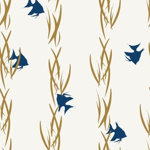 (XL) goldenrod water plant and navy blue fish in vertical lines on white