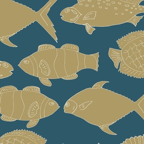 (XL) khaki green fishes in horizontal lines on dark cerulean blue