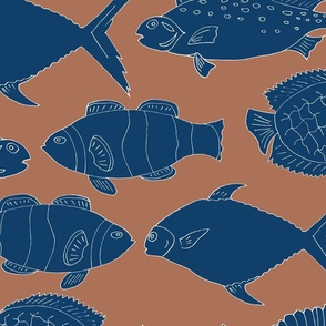 (XL) navy blue fishes in horizontal lines on marsala red