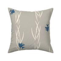 (XL) white water plant and navy blue fish in vertical lines on grey