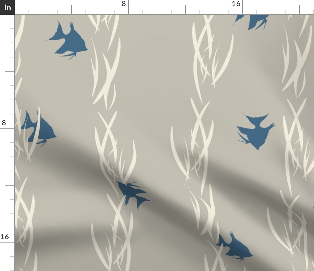 (XL) white water plant and navy blue fish in vertical lines on grey