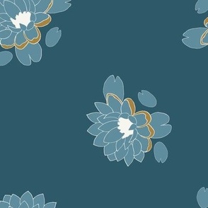 (XL) cerulean blue water lily polka dots on dark cerulean blue