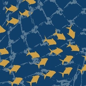 (XL) goldenrod yellow fish swarm behind blue fishing net on navy blue