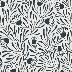 floral tangled daisies - dark grey blue / off white 
