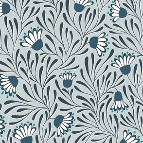 floral tangled daisies - navy blue / grey blue