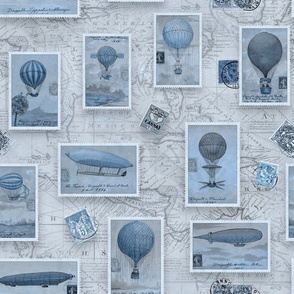 Hot Air Ballon Vintage Travel Map And Stamps Blue Large Scale
