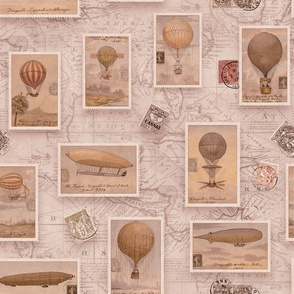 Hot Air Ballon Vintage Travel Map And Stamps Peach Brown Large Scale