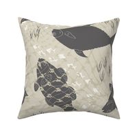 (XL) taupe and white fishes on beige with lake grass and fishing net