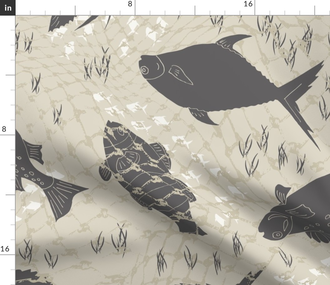(XL) taupe and white fishes on beige with lake grass and fishing net