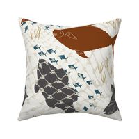 (XL) copper brown taupe grey blue fishes on white with lake grass and fishing net