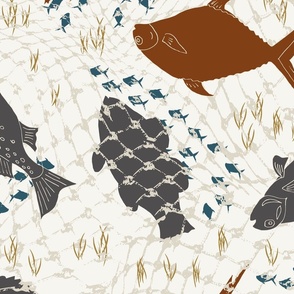 (XL) copper brown taupe grey blue fishes on white with lake grass and fishing net