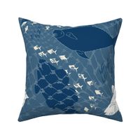 (XL) white and navy blue fishes on blue with lake grass and fishing net