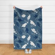 (XL) white and navy blue fishes on blue with lake grass and fishing net