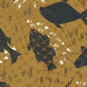 (XL) black and white fishes on goldenrod yellow with lake grass and fishing net