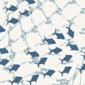 (XL) navy blue fish swarm behind blue fishing net on white