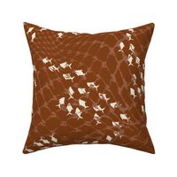 (XL) white fish swarm behind brown fishing net on mahogany brown