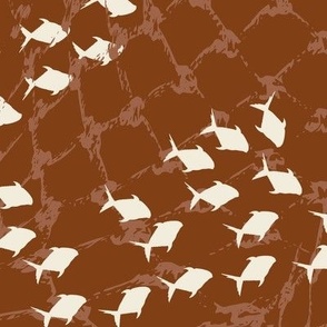 (XL) white fish swarm behind brown fishing net on mahogany brown