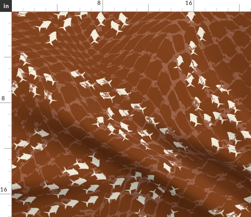 (XL) white fish swarm behind brown fishing net on mahogany brown