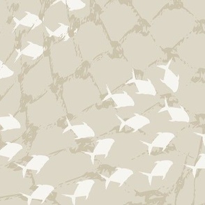 (XL) white fish swarm behind grey fishing net on beige