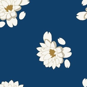 (XL) white water lily polka dots on navy blue