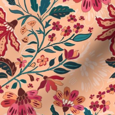 Indian Floral Block Print Peach and Teal