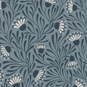 floral tangled daisies - dark grey blue