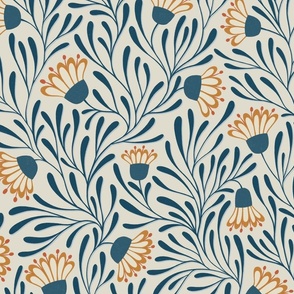 floral tangled daisies - orange / indigo blue