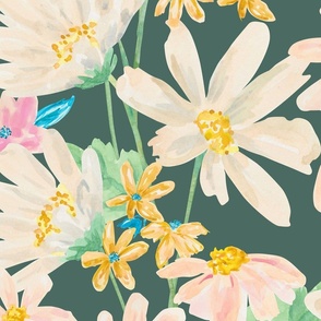 (L) Garden watercolor of chamomile flowers and fuchsia and yellow flowers