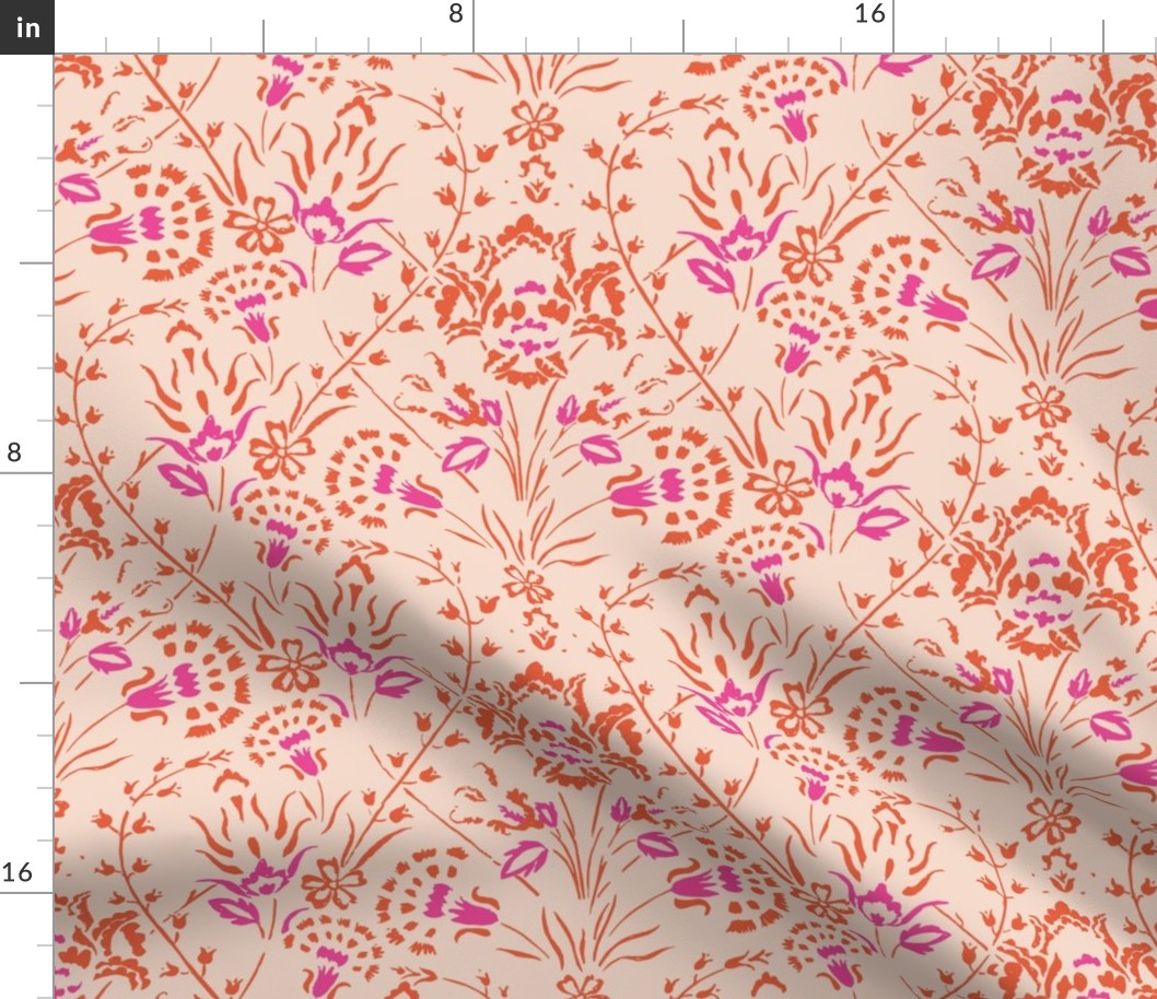 Traditional Turkish Trailing Floral With Baroque Block Print Impression on Peach Fuzz