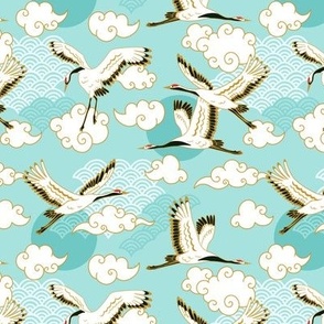 Japanese cranes, turquoise medium scale wallpaper,fabric 