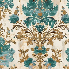 Dynasty Damask - French Blue - Cream/Gold Wallpaper - New for 2024