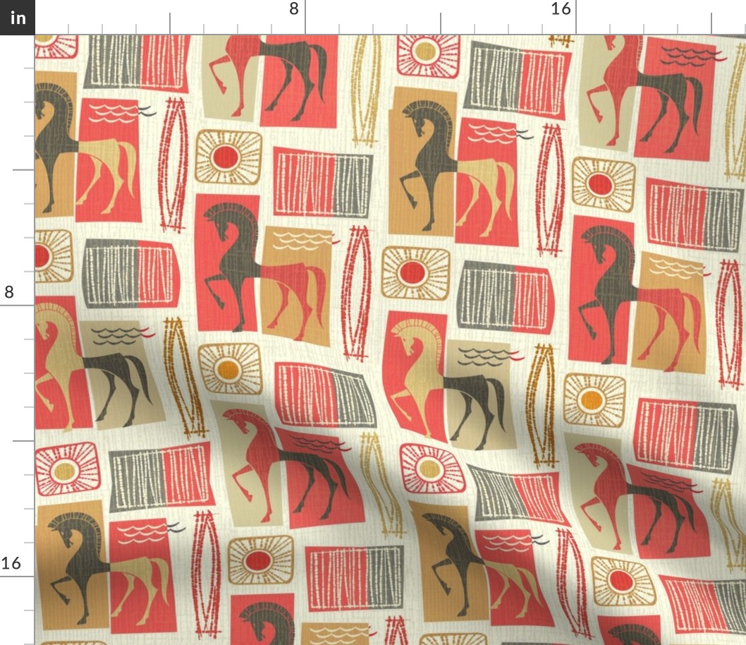 Mid Century Mytical Horses Red Gold