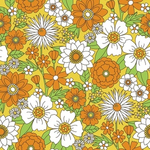 Peachy Keen Floral (Retro Mustard, Green, Orange)