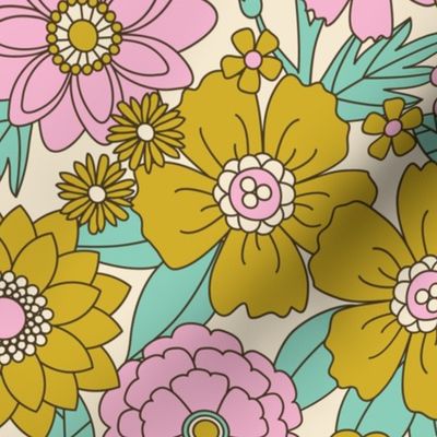 Peachy Keen Floral (Retro Mustard, Pink, Mint)