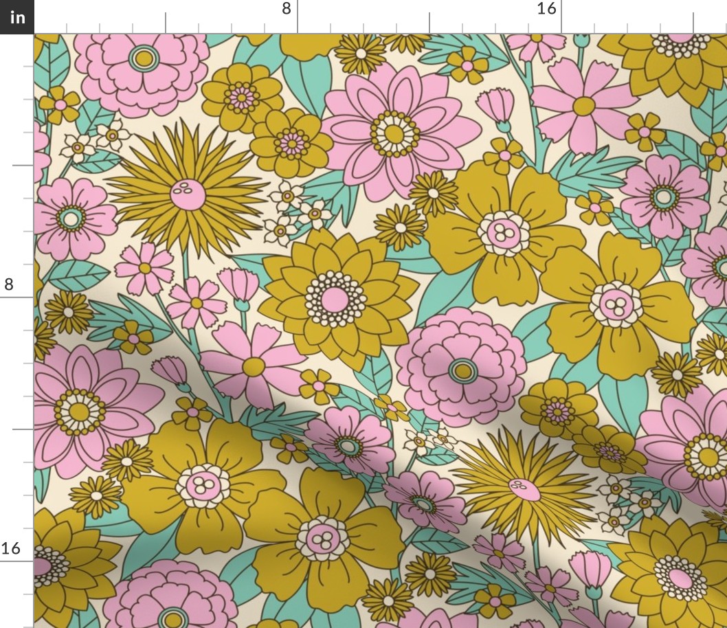 Peachy Keen Floral (Retro Mustard, Pink, Mint)