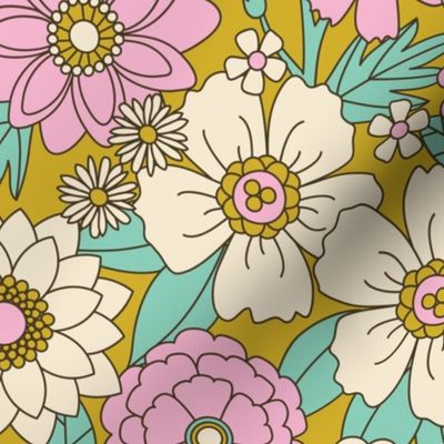 Peachy Keen Floral (Retro Pink and Mint on Mustard)