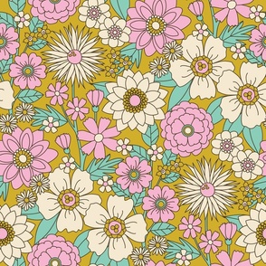 Peachy Keen Floral (Retro Pink and Mint on Mustard)