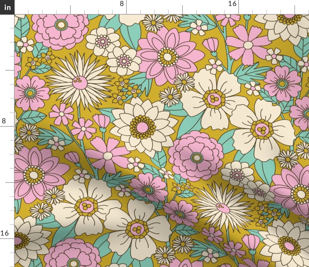 Peachy Keen Floral (Retro Pink and Mint on Mustard)