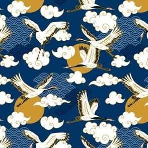 Japanese cranes, navy medium scale wallpaper,fabric 