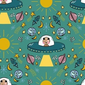 Puppy UFO (small scale) - A cute galaxy themed print with dogs in space, featuring moons, planets and stars
