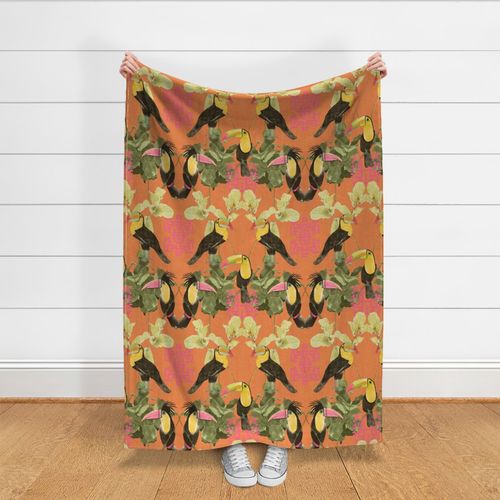 Toucan Chinoiserie-Pink Accent on orange with white texture B (large scale)